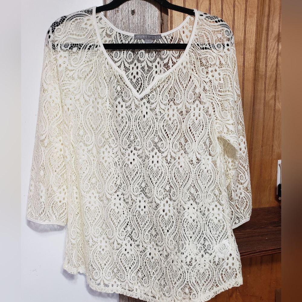 Valerie Stevens Oversized Med Lace Crochet 3/4 Sleeve Cover Up Blouse Ivory